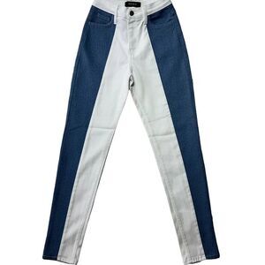 AKIRA Two-Tone High Rise Skinny Jeans – Blue & White, Made in USA, Size 1 (W24)